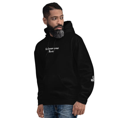 Model wearing EMBRACE YOUR ROOTS Palestine hoodie from the Mo Hamz Collection