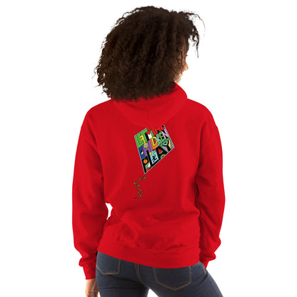 Back of red Palestine hoodie featuring colorful kite artwork