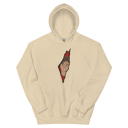 hoodie featuring Saja’s hand-drawn outline of Palestine with a portrait design