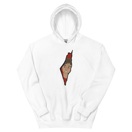 hoodie featuring Saja’s hand-drawn outline of Palestine with a portrait design
