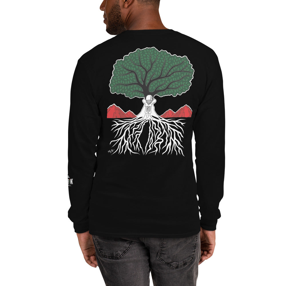 Model wearing EMBRACE YOUR ROOTS Palestine long sleeve shirt from the Mo Hamz Collection