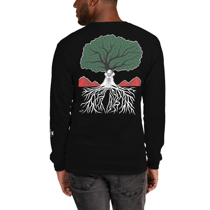 Model wearing EMBRACE YOUR ROOTS Palestine long sleeve shirt from the Mo Hamz Collection
