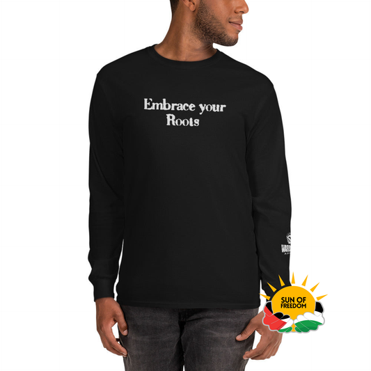 Model wearing EMBRACE YOUR ROOTS Palestine long sleeve shirt from the Mo Hamz Collection