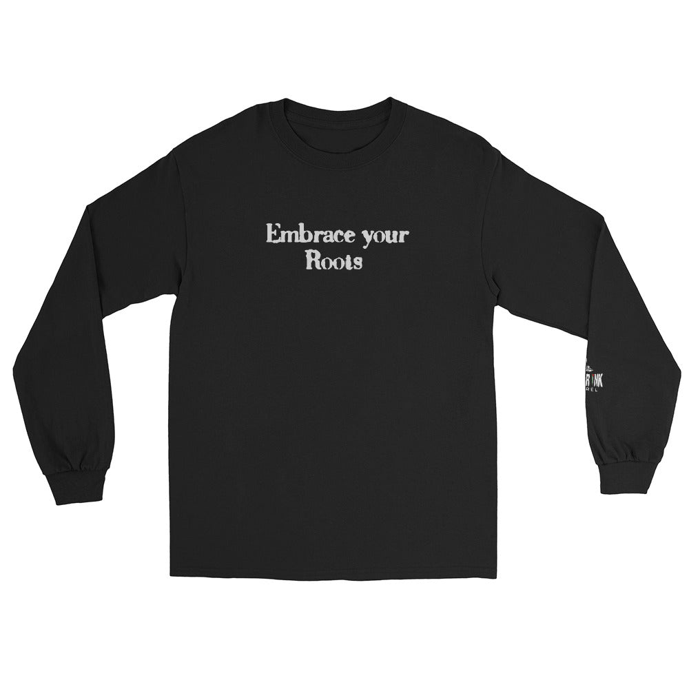 Front view of EMBRACE YOUR ROOTS Palestine long sleeve shirt with text graphic