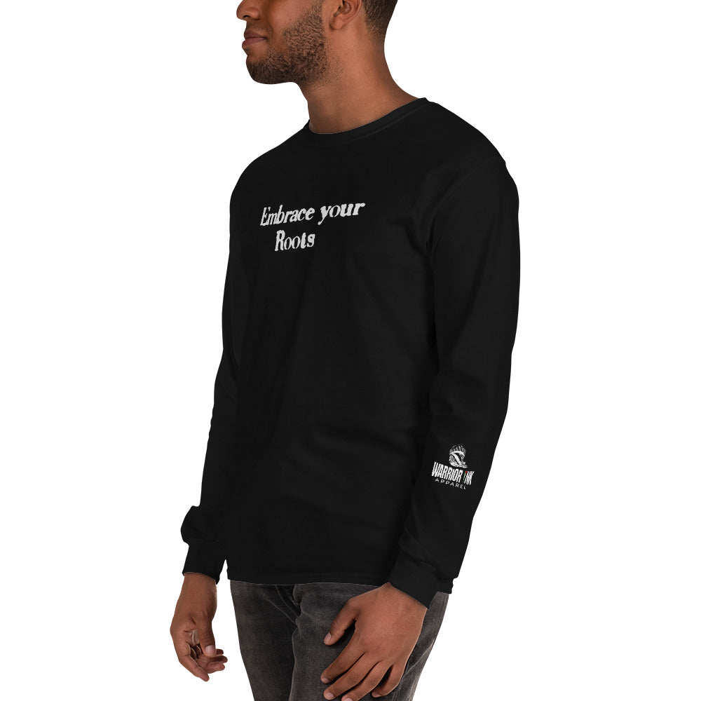 Model wearing EMBRACE YOUR ROOTS Palestine long sleeve shirt from the Mo Hamz Collection