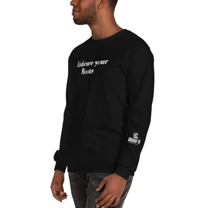Model wearing EMBRACE YOUR ROOTS Palestine long sleeve shirt from the Mo Hamz Collection