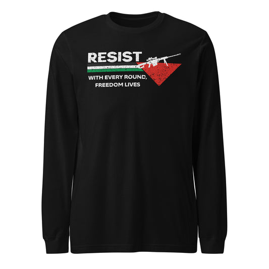Black long sleeve shirt with bold RESIST text and red graphic design