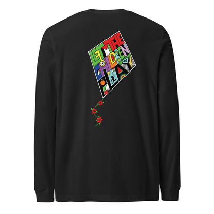 Back of black Let the Children Play Palestine long sleeve tee with kite artwork