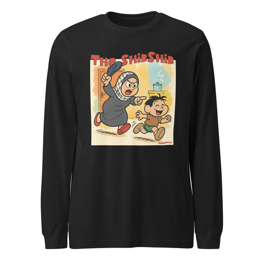 Cartoon-style Palestinian mother chasing her son with a slipper on a black long sleeve shirt – The ShibShib design by Warrior Ink