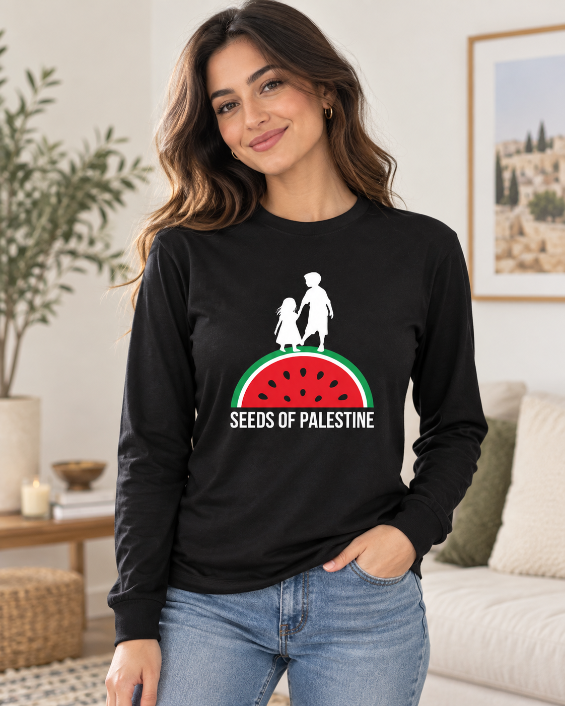 SEEDS OF PALESTINE black long sleeve graphic tee by Warrior Ink