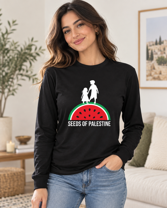 SEEDS OF PALESTINE black long sleeve graphic tee by Warrior Ink