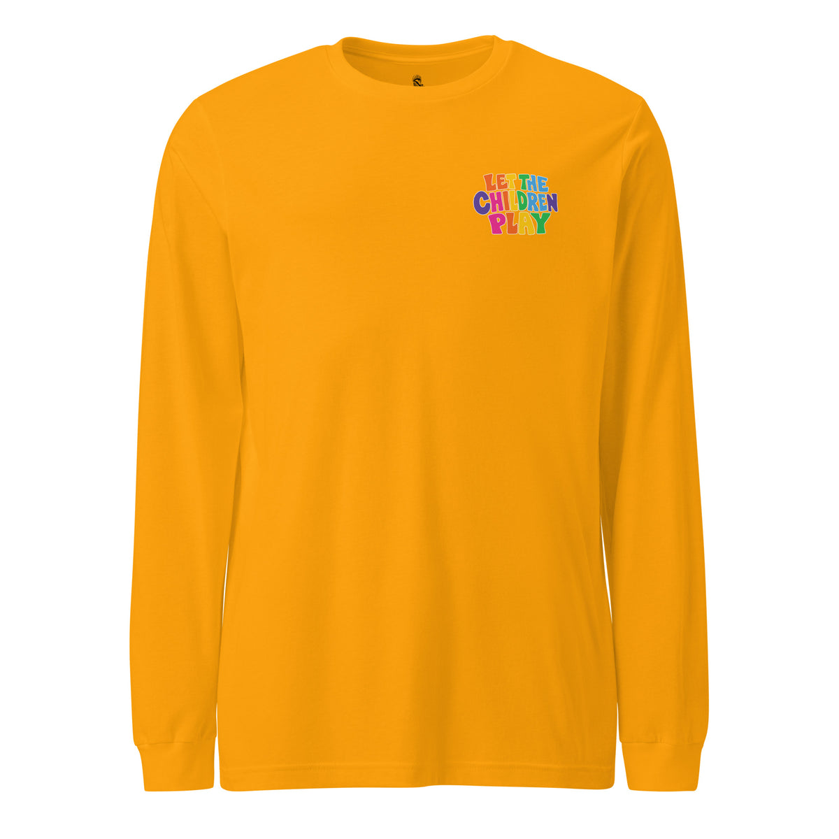Gold Palestine long sleeve shirt with colorful Let the Children Play chest graphic