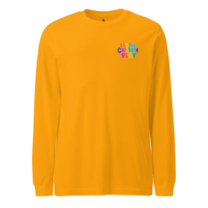 Gold Palestine long sleeve shirt with colorful Let the Children Play chest graphic