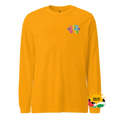 Gold Palestine long sleeve shirt with colorful Let the Children Play chest graphic