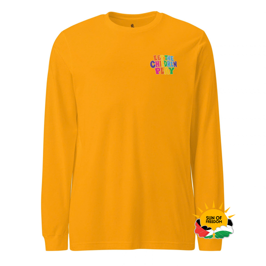 Gold Palestine long sleeve shirt with colorful Let the Children Play chest graphic