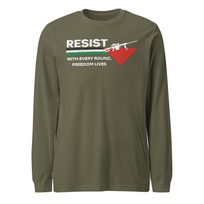 Black long sleeve shirt with bold RESIST text and red graphic design