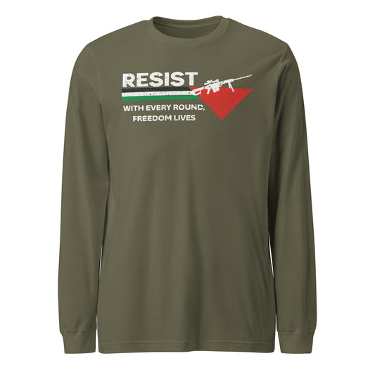 Black long sleeve shirt with bold RESIST text and red graphic design
