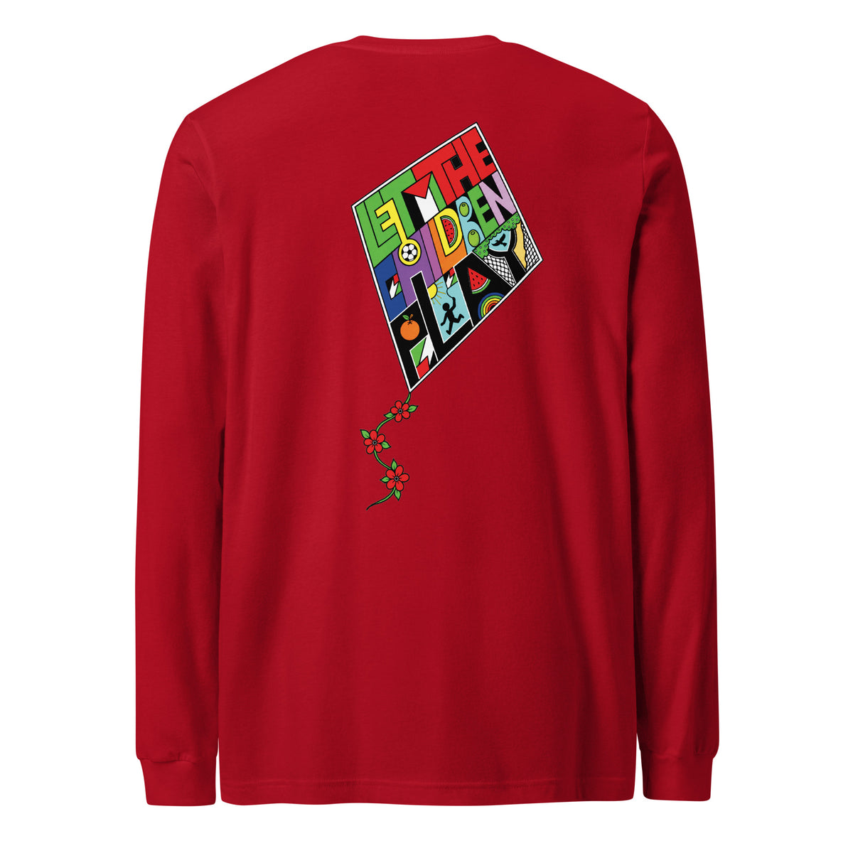Red Mo Hamz Collection Palestine long sleeve shirt with colorful kite design by Warrior Ink Apparel