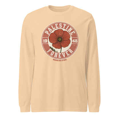 Long sleeve tee with vintage “Palestine Forever 1948” red poppy design. A soft, breathable layer to honor resistance and heritage.