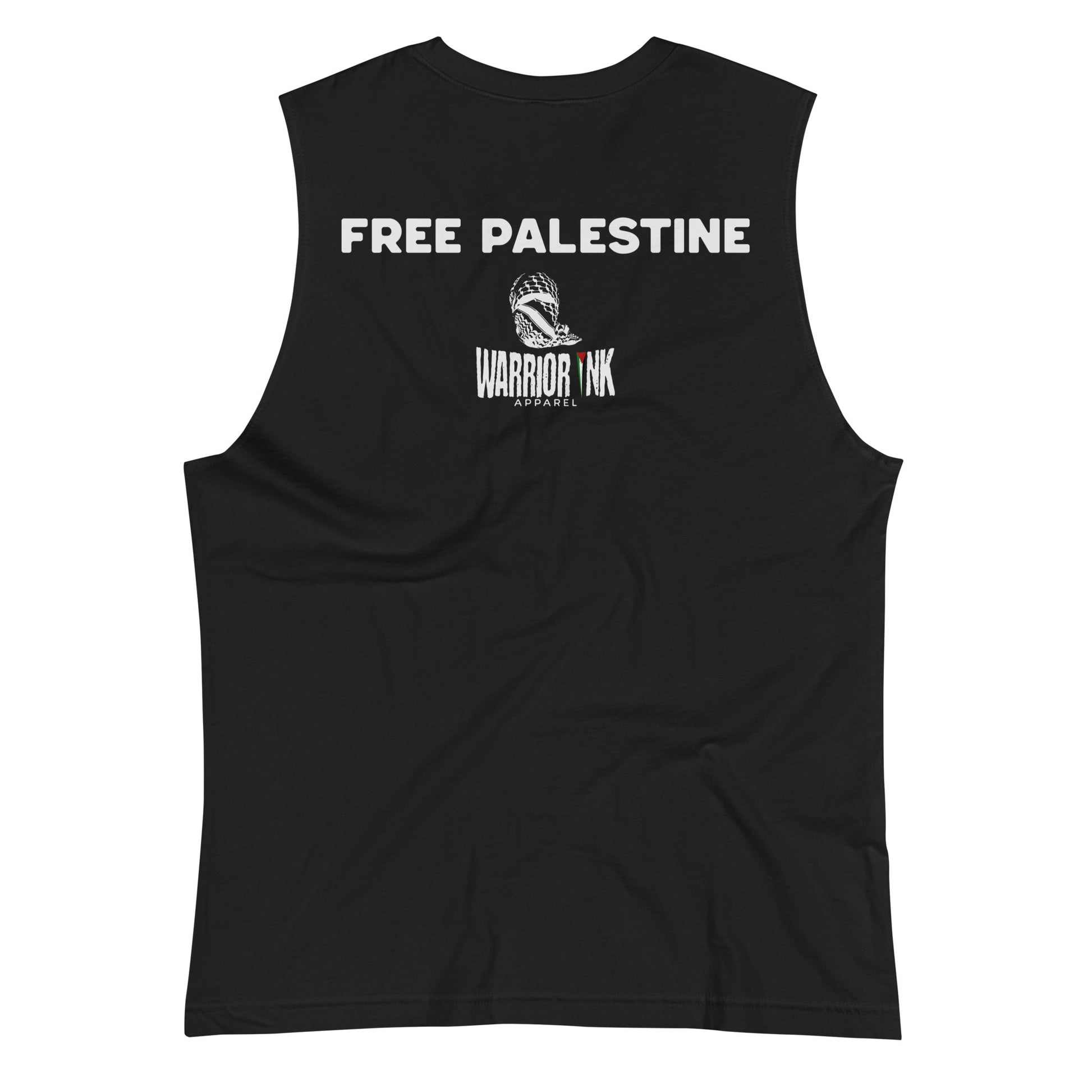 White muscle tank top with “PALESTINA LIBRE” text and distressed red/green stripes across the chest.