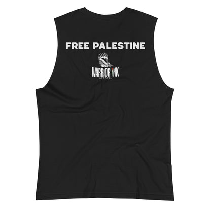 White muscle tank top with “PALESTINA LIBRE” text and distressed red/green stripes across the chest.