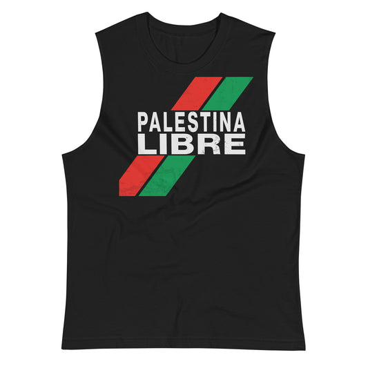 White muscle tank top with “PALESTINA LIBRE” text and distressed red/green stripes across the chest.