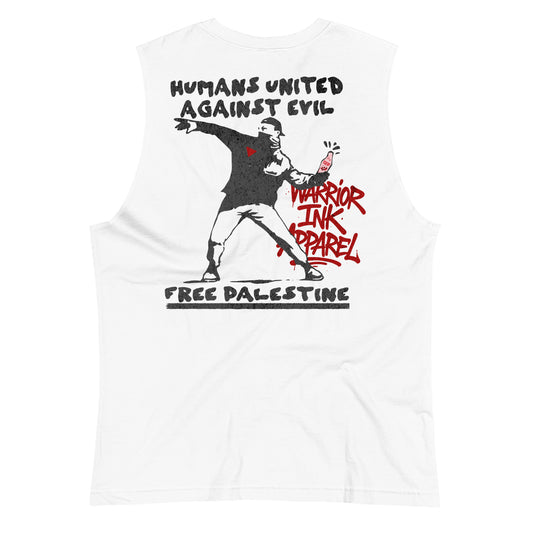 Free Palestine muscle tank with Humans United Against Evil artwork on back
