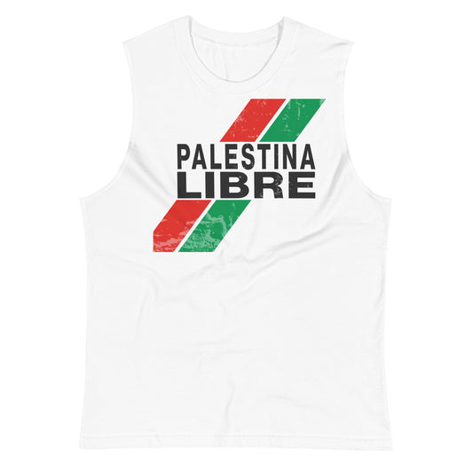 White muscle tank top with “PALESTINA LIBRE” text and distressed red/green stripes across the chest.