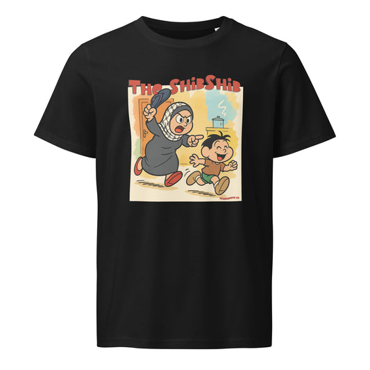 Black organic t-shirt featuring retro-style Arab cartoon of a mother chasing her son with a shibshib (slipper), text reads ‘The ShibShib’.