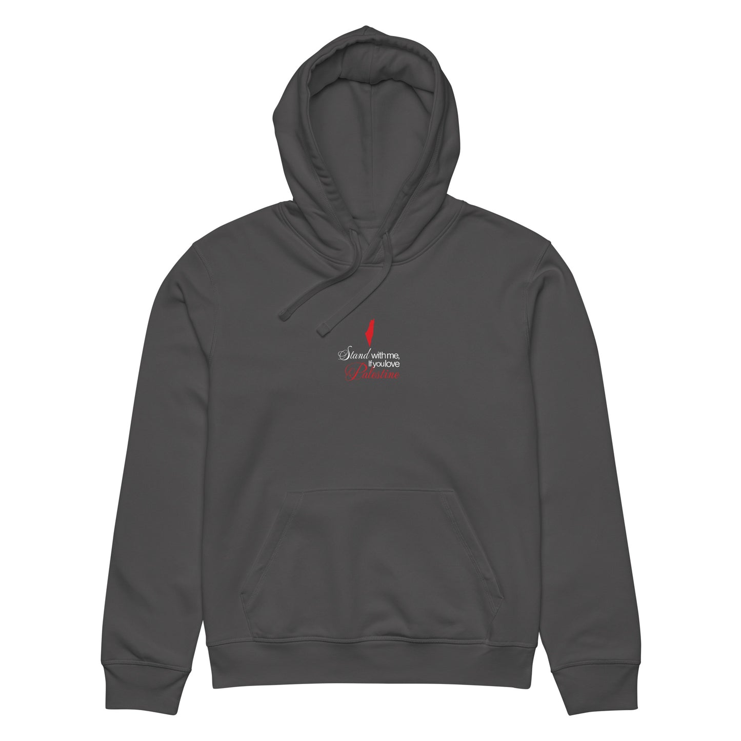 Front view of STAND WITH PALESTINE organic hoodie with chest graphic