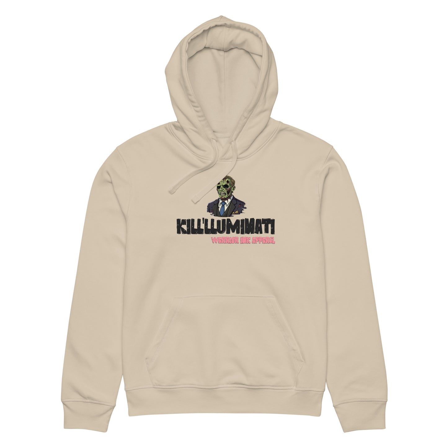 Streetwear hoodie with bold graphic design and typography on front