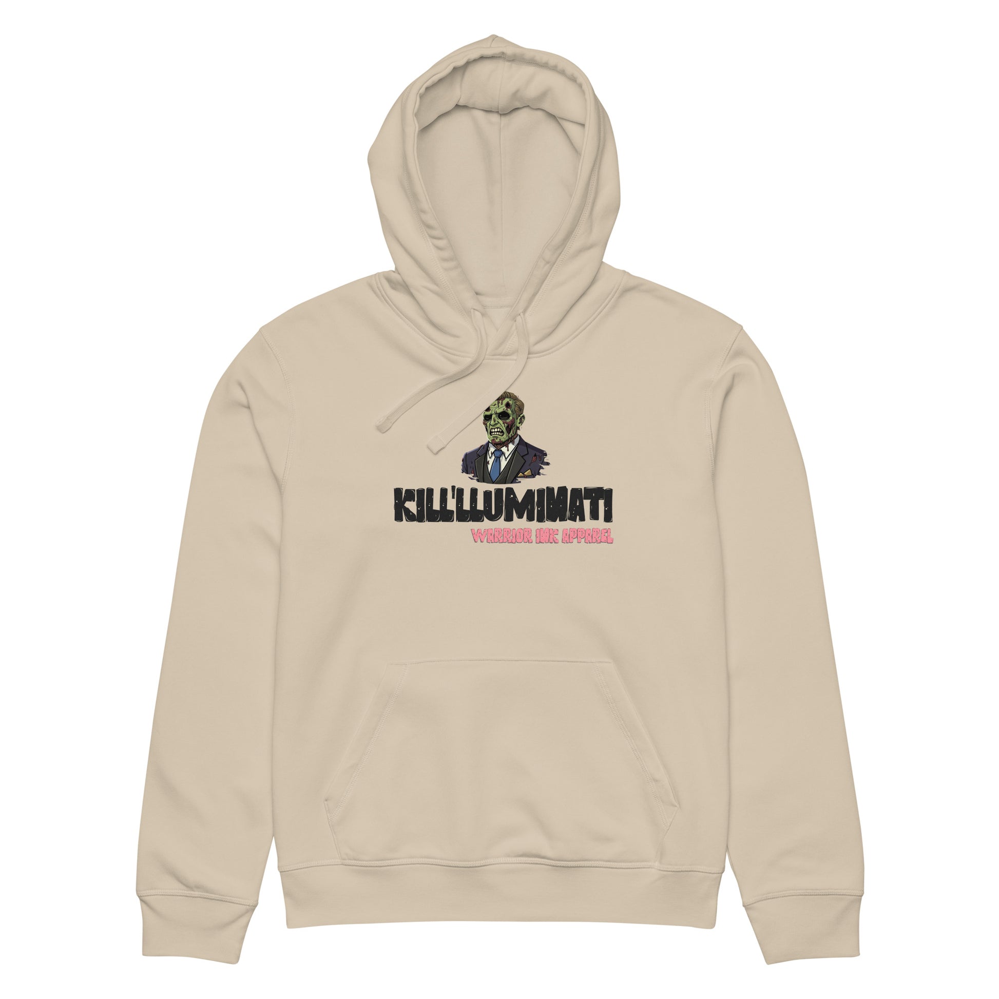 Streetwear hoodie with bold graphic design and typography on front