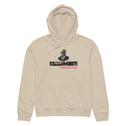 Streetwear hoodie with bold graphic design and typography on front