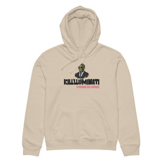 Streetwear hoodie with bold graphic design and typography on front