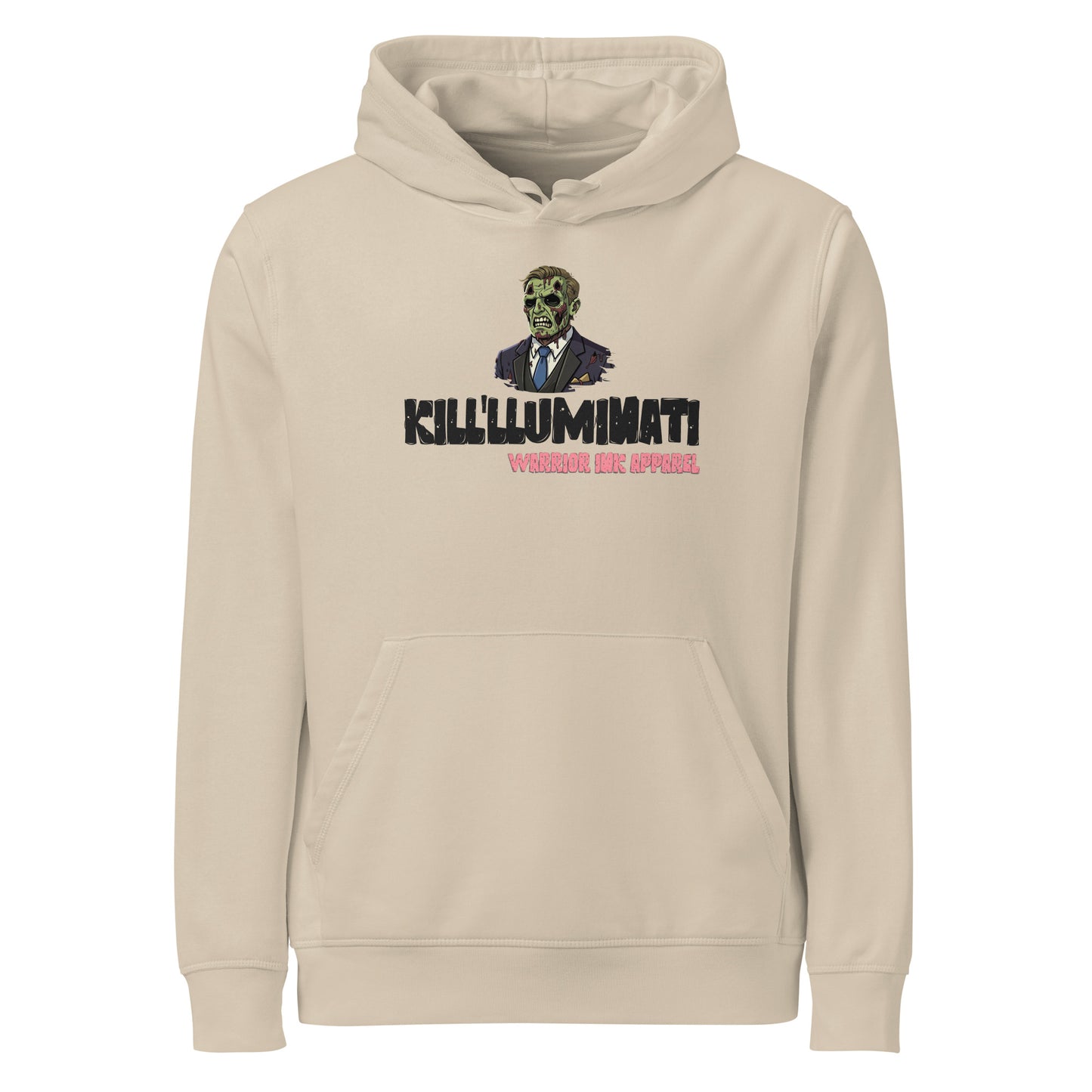 Streetwear hoodie with bold graphic design and typography on front
