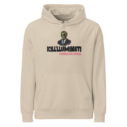 Streetwear hoodie with bold graphic design and typography on front