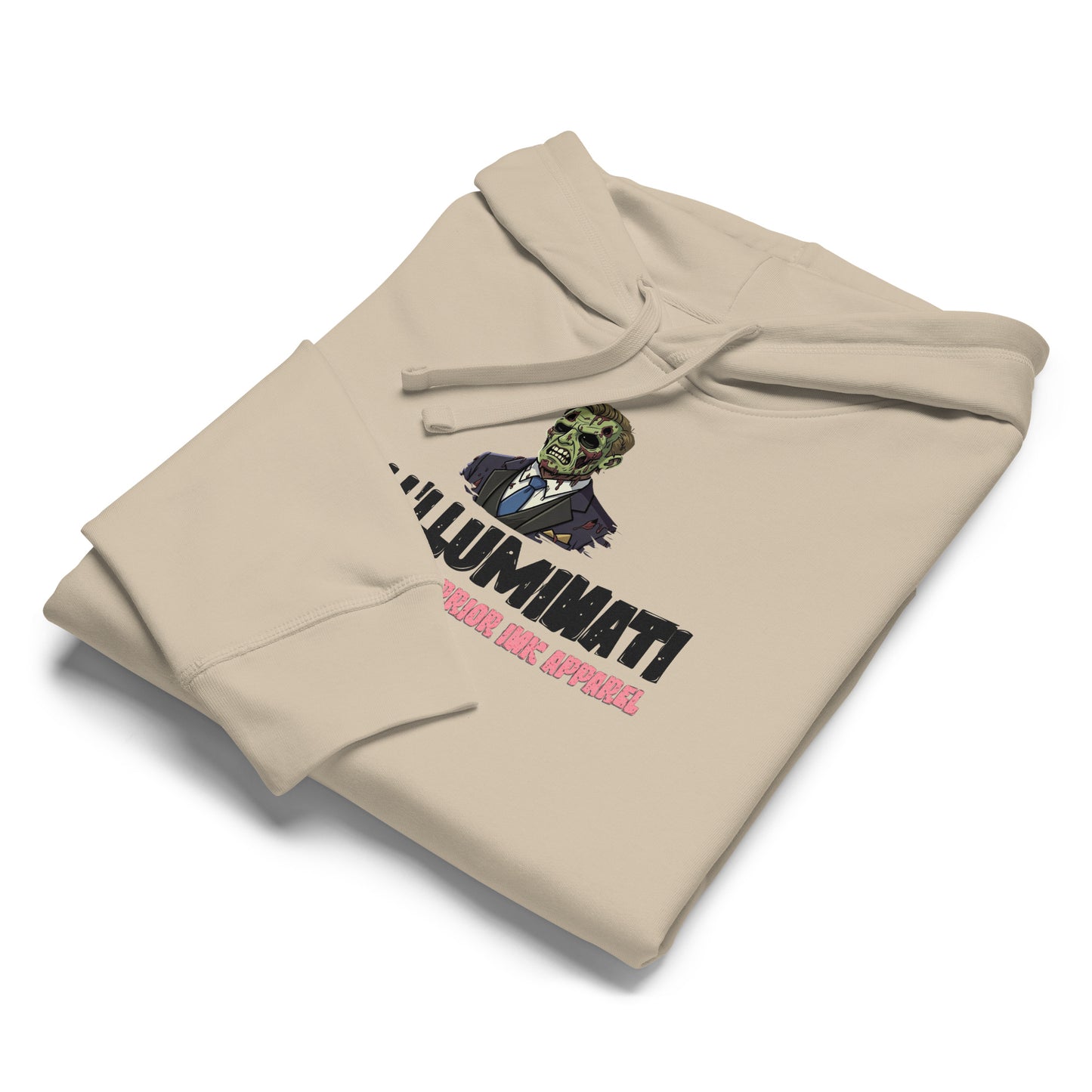 Streetwear hoodie with bold graphic design and typography on front