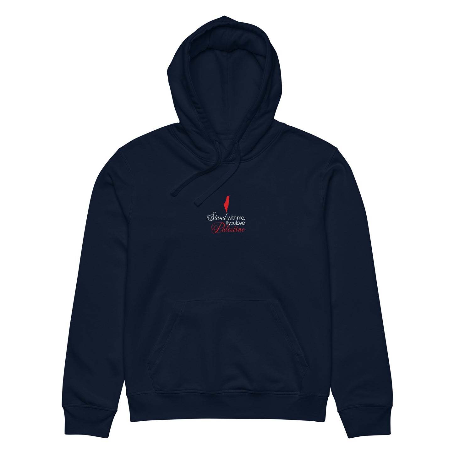 Front view of STAND WITH PALESTINE organic hoodie with chest graphic