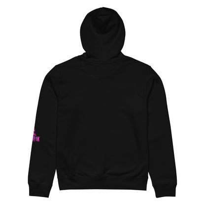 Anti-Zionist Hoodie by Warrior Ink Apparel with “Justice Ends Oppression” text in bold pink and white design