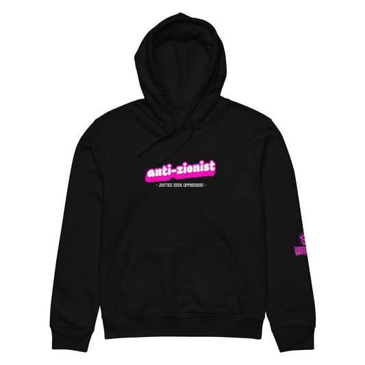 Anti-Zionist Hoodie by Warrior Ink Apparel with “Justice Ends Oppression” text in bold pink and white design