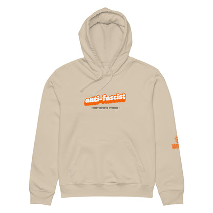 Anti-Fascist Hoodie by Warrior Ink Apparel with “Unity Defeats Tyranny” text in orange and black