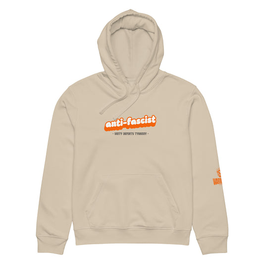 Anti-Fascist Hoodie by Warrior Ink Apparel with “Unity Defeats Tyranny” text in orange and black