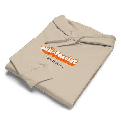 Anti-Fascist Hoodie by Warrior Ink Apparel with “Unity Defeats Tyranny” text in orange and black