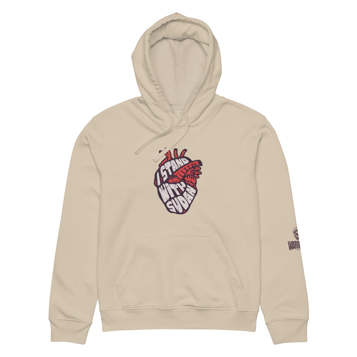 I Stand With Sudan Hoodie by Warrior Ink Apparel featuring a red anatomical heart design