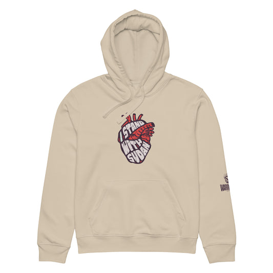 I Stand With Sudan Hoodie by Warrior Ink Apparel featuring a red anatomical heart design