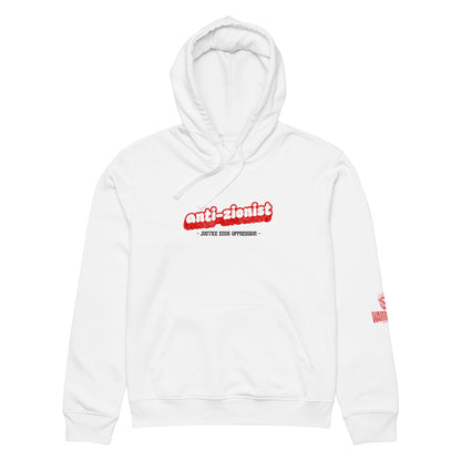 Anti-Zionist Hoodie by Warrior Ink Apparel with “Justice Ends Oppression” text in bold pink and white design