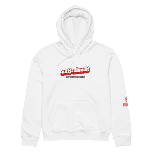 Anti-Zionist Hoodie by Warrior Ink Apparel with “Justice Ends Oppression” text in bold pink and white design