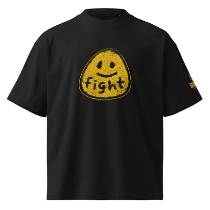 Front view of FIGHT FOR HUMANITY organic oversized tee with distressed yellow smiley graphic