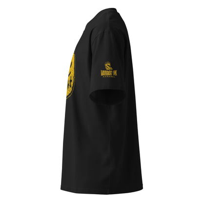 Side view of FIGHT FOR HUMANITY organic oversized tee with Warrior Ink Apparel sleeve logo