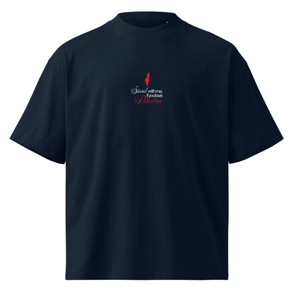 Front view of STAND WITH PALESTINE organic oversized tee with chest graphic